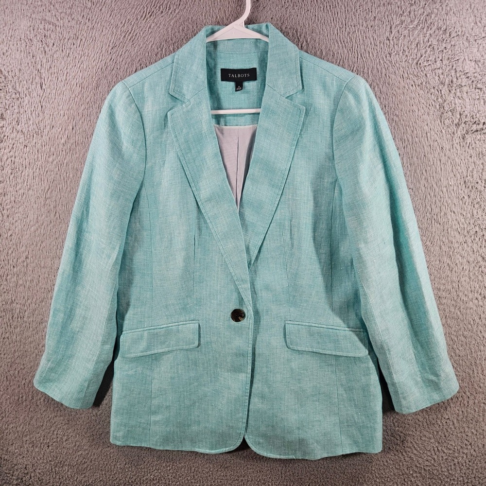 Talbots Turquoise Blue Herringbone 100% Linen Blazer Jacket Womens Size 6